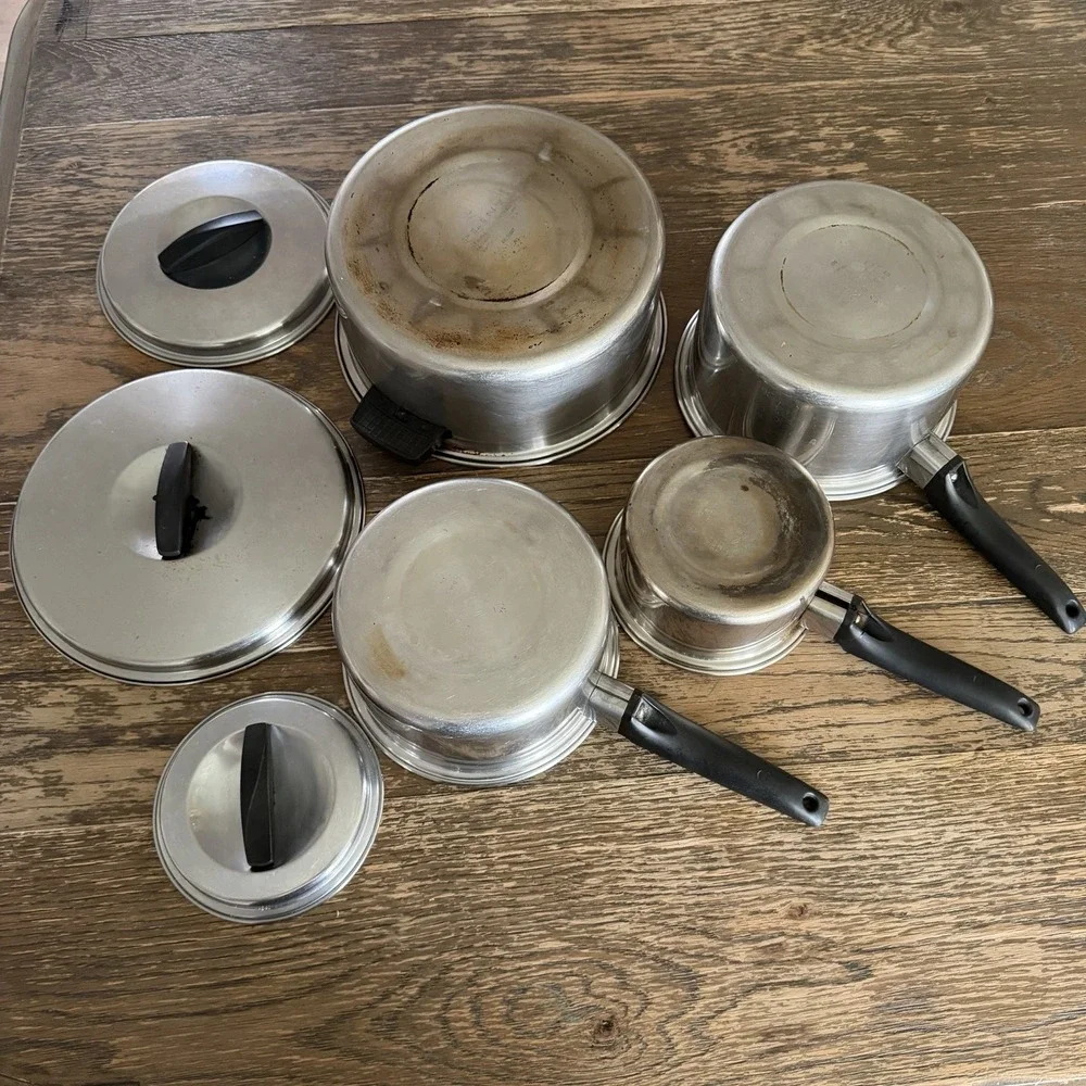 VTG Flint Ware Ekco 7 Pc Stainless Steel 50s 60s Pots Pans Cookware Set USA